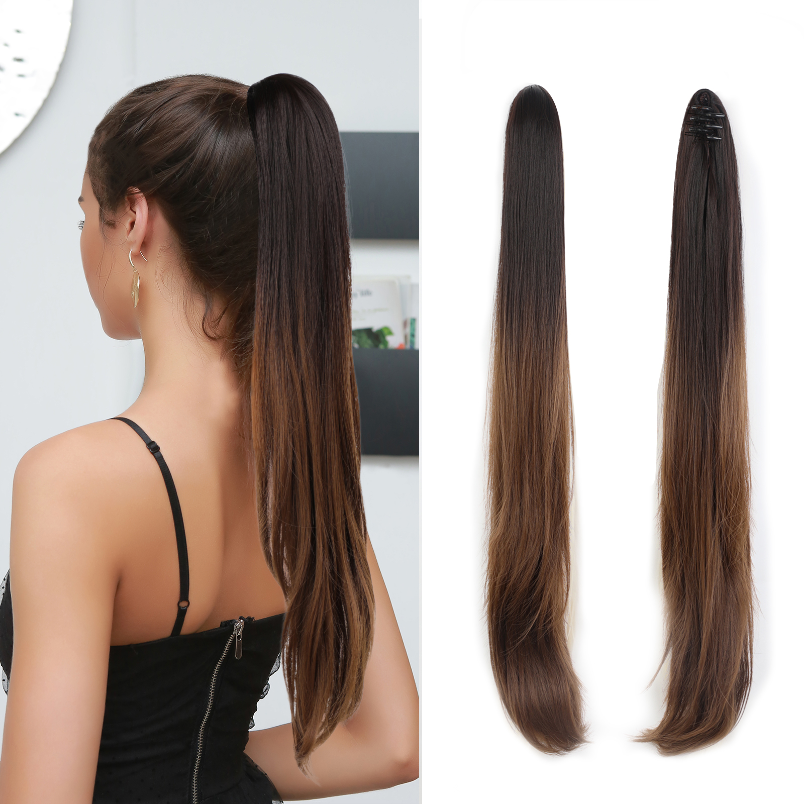 Ponytail with Clips Ombre Dark Brown/ Hazel Blonde, 70 cm
